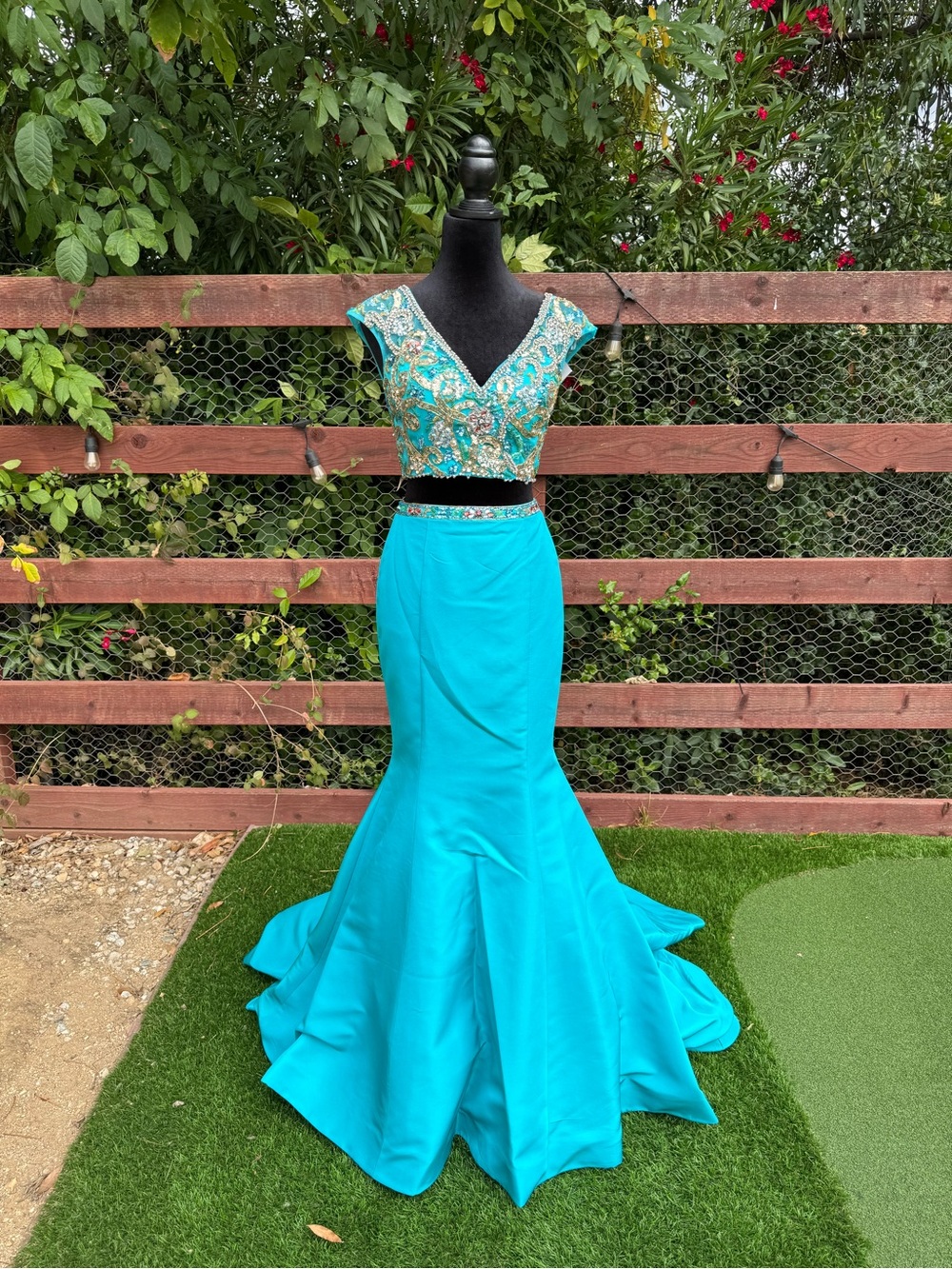 Sherri Hill Turquoise Two-Piece Beaded Mermaid Gown